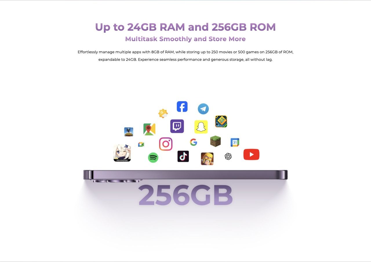 OUKITEL P1 Smartphones – Up to 24GB RAM and 256GB ROM Multitask Smoothly and Store More Effortlessly manage multiple apps with 8GB of RAM, while storing up to 250 movies or 500 games on 256GB of ROM, expandable to 24GB. Experience seamless performance and ge