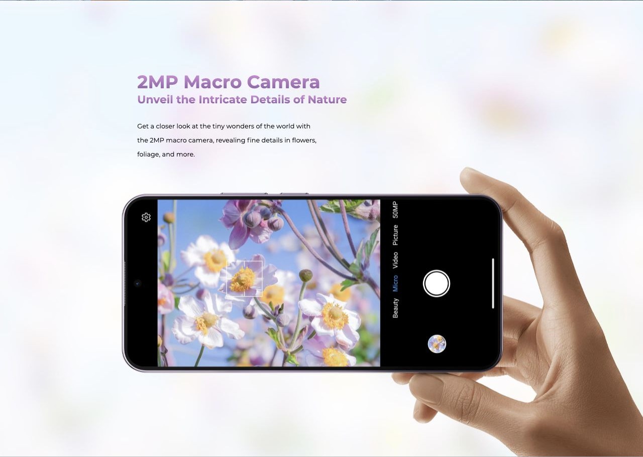 OUKITEL P1 Smartphones – 2MP Macro Camera Unveil the Intricate Details of Nature Get a closer look at the tiny wonders of the world with the 2MP macro camera, revealing fine details in flowers, foliage, and more.
