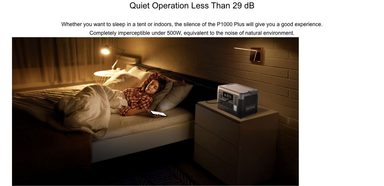 OUKITEL P1000 Plus Portable Power Stations – Quiet Operation Less Than 29 dB Whether you want to sleep in a tent or indoors, the silence of the P1000 Plus will give you a good experience. Completely imperceptible under 500W, equivalent to the noise of nat