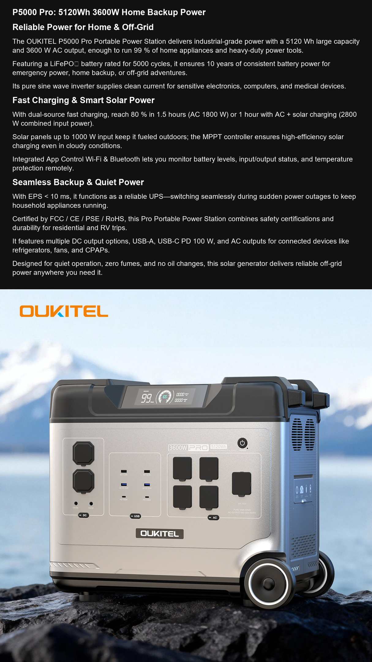 OUKITEL P5000 Pro P5000 Pro: 5120Wh 3600W Home Backup Power