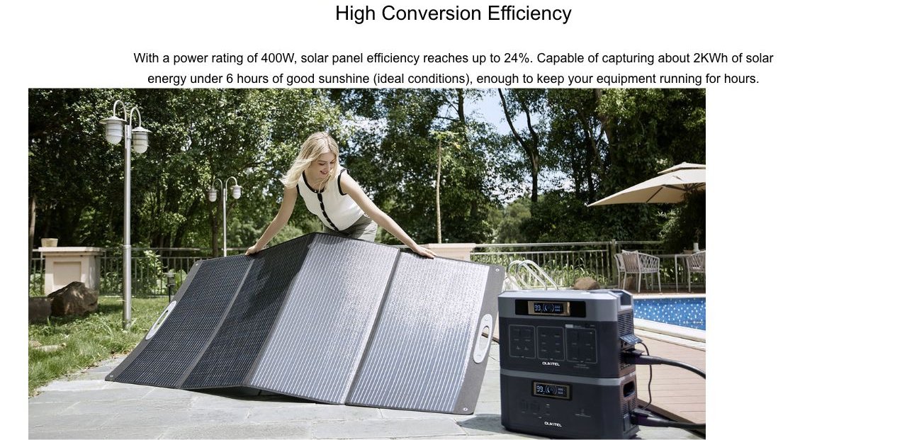 High Conversion Efficiency With a power rating of 400W, solar panel efficiency reaches up to 24%. Capable of capturing about 2KWh of solar energy under 6 hours of good sunshine (ideal conditions), enough to kee