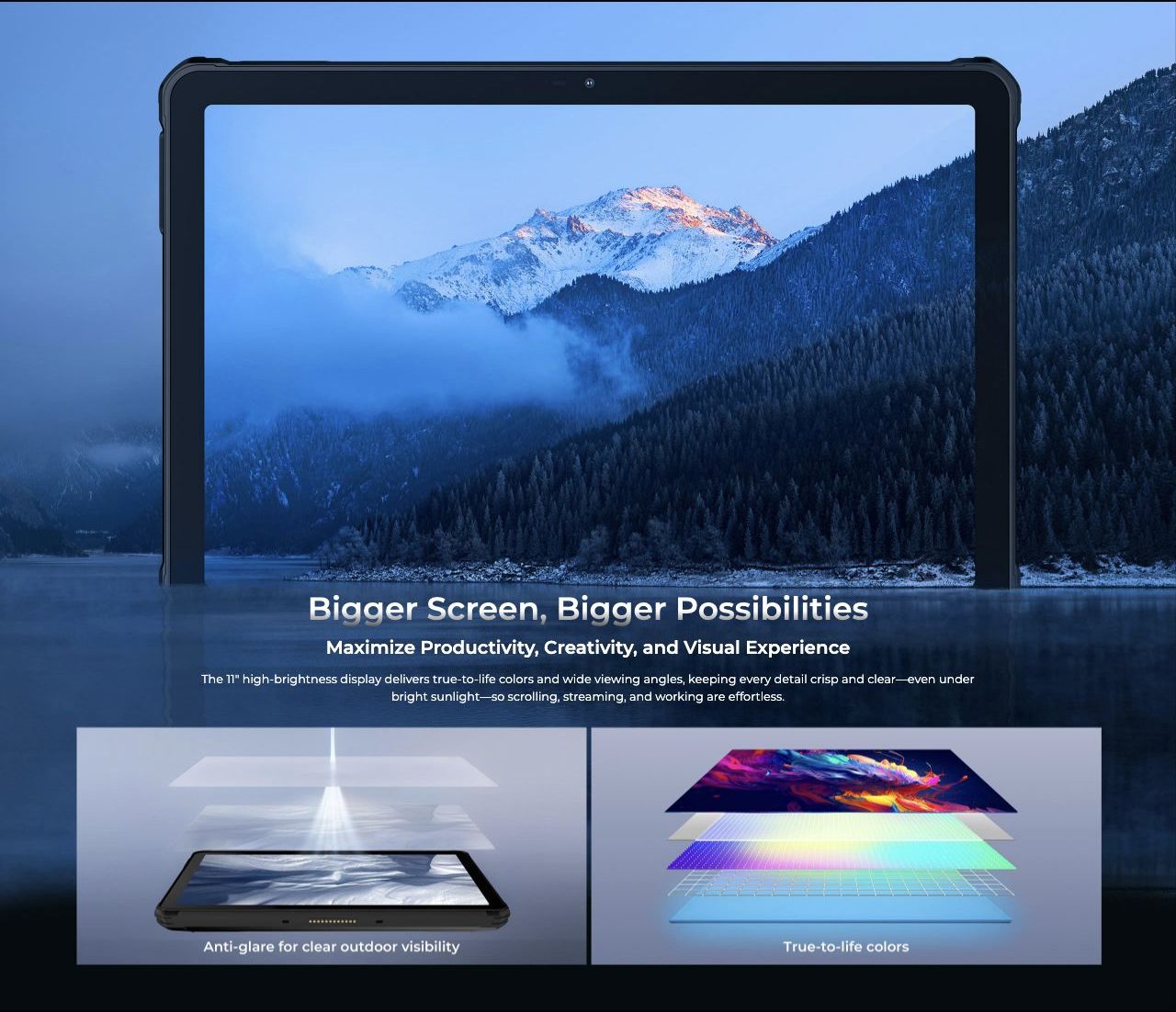 OUKITEL RT10 Industry Rugged Tablets – Bigger Screen, Bigger Possibilities Maximize Productivity, Creativity, and Visual Experience The 11" high-brightness display delivers true-to-life colors and wide viewing angles, keeping every detail crisp and clear—eve
