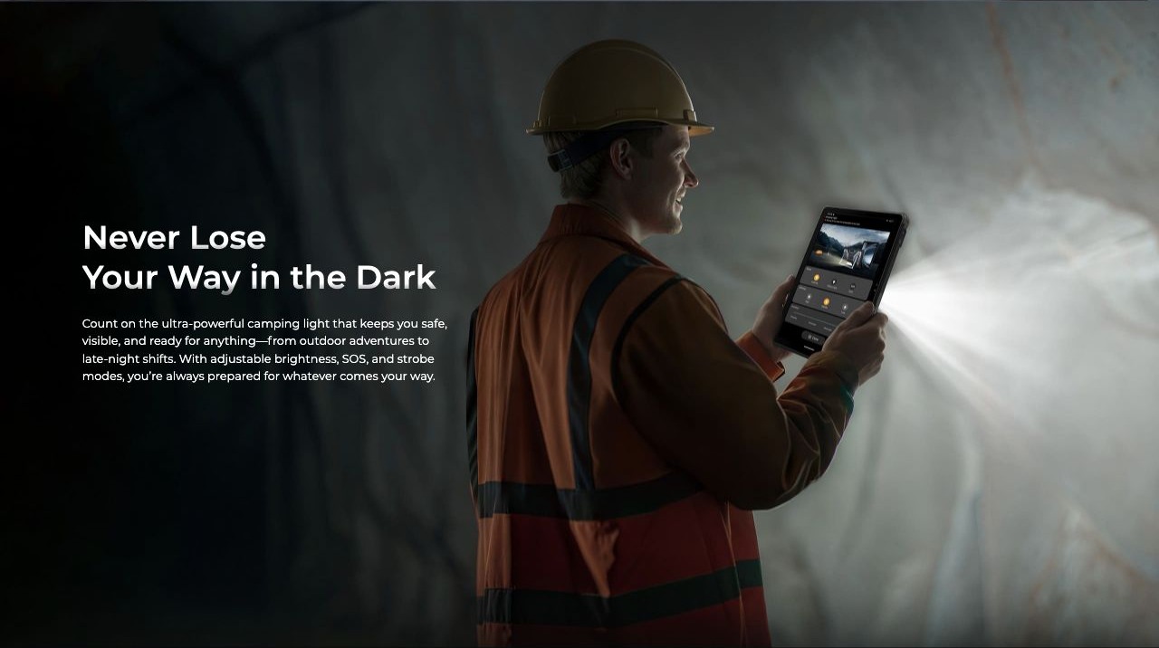 OUKITEL RT10 Industry Rugged Tablets – Never Lose Your Way in the Dark Count on the ultra-powerful camping light that keeps you safe, visible, and ready for anything—from outdoor adventures to late-night shifts. With adjustable brightness, SOS, and strobe mod