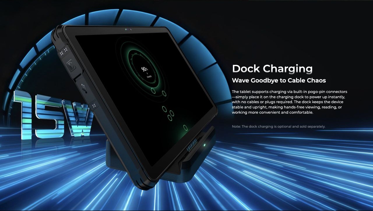 Dock Charging Wave Goodbye to Cable Chaos The tablet supports charging via built-in pogo-pin connectors—simply place it on the charging dock to power up instantly, with no cables or plugs required. The dock keeps the device stable and upr