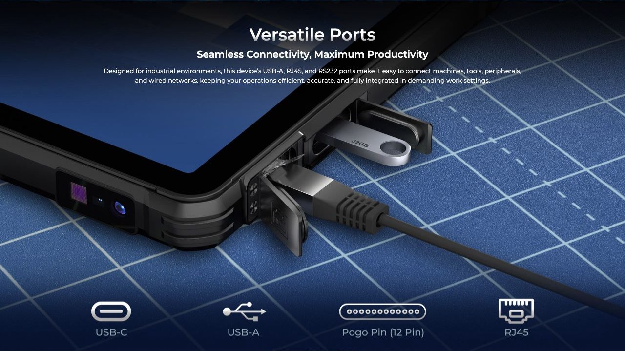 OUKITEL RT10 Industry Rugged Tablets – Versatile Ports Seamless Connectivity, Maximum Productivity Designed for industrial environments, this device’s USB-A, RJ45, and RS232 ports make it easy to connect machines, tools, peripherals, and wired networks, keep