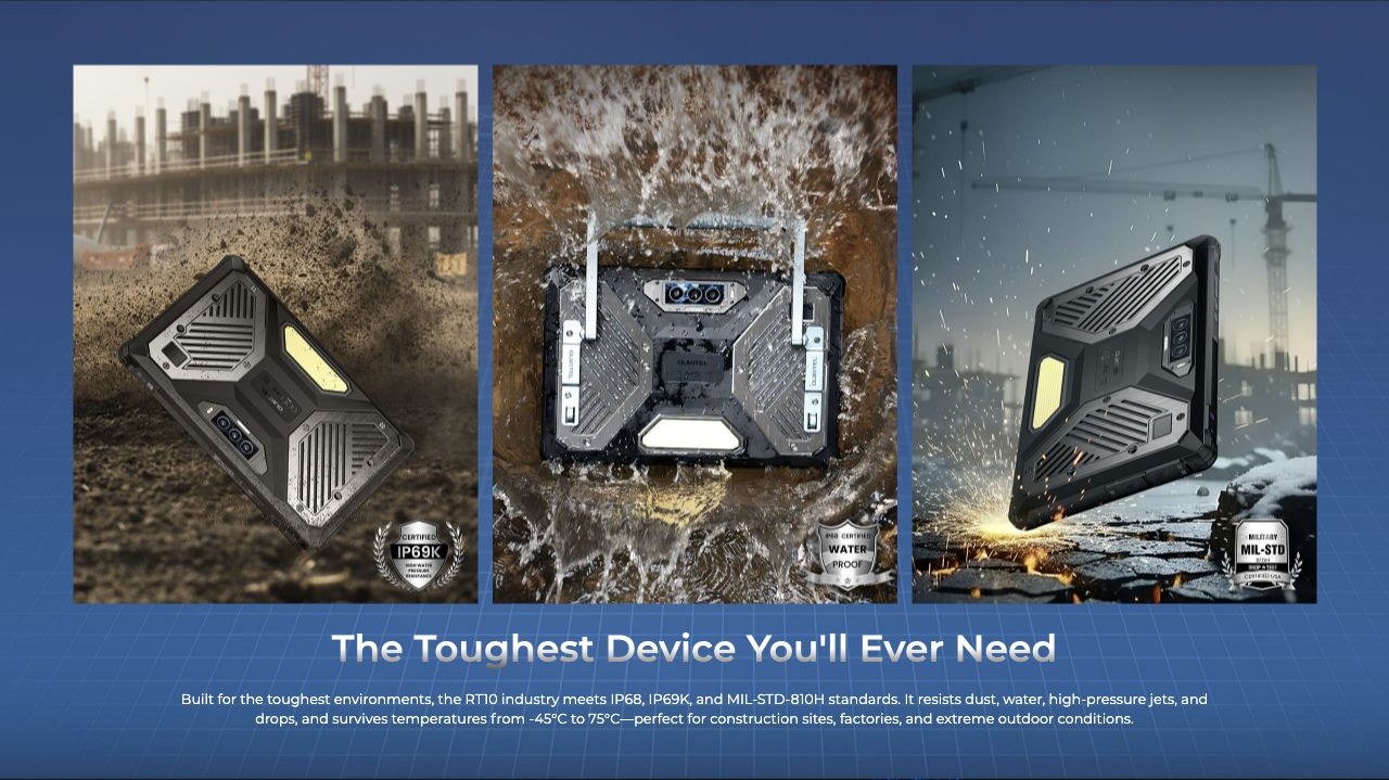 OUKITEL RT10 Industry Rugged Tablets – The Toughest Device You'll Ever Need Built for the toughest environments, the RT10 industry meets IP68, IP69K, and MIL-STD-810H standards. It resists dust, water, high-pressure jets, and drops, and survives temperatures