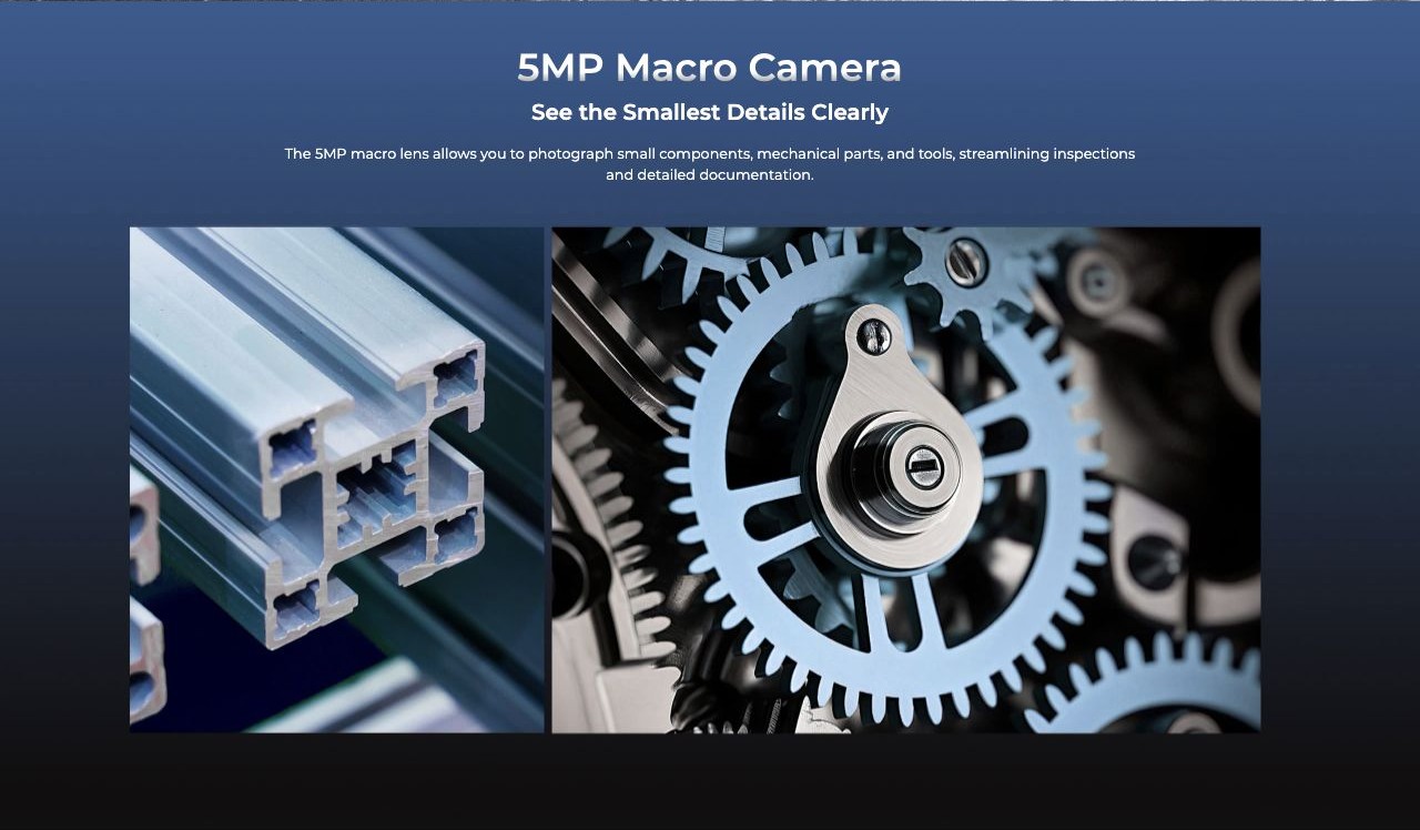 OUKITEL RT10 Industry Rugged Tablets – 5MP Macro Camera See the Smallest Details Clearly The 5MP macro lens allows you to photograph small components, mechanical parts, and tools, streamlining inspections and detailed documentation.