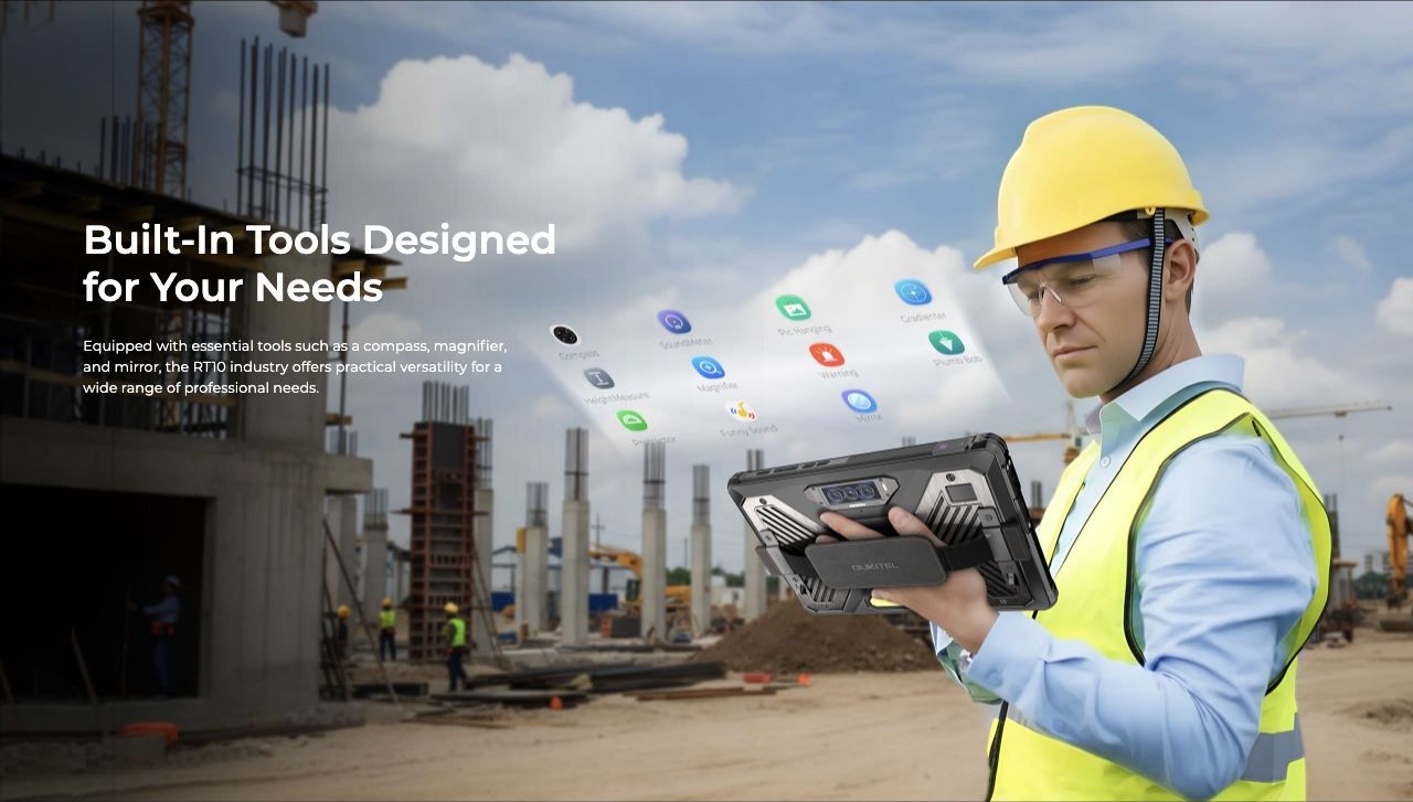 OUKITEL RT10 Industry Rugged Tablets – Built-In Tools Designed for Your Needs Equipped with essential tools such as a compass, magnifier, and mirror, the RT10 industry offers practical versatility for a wide range of professional needs.