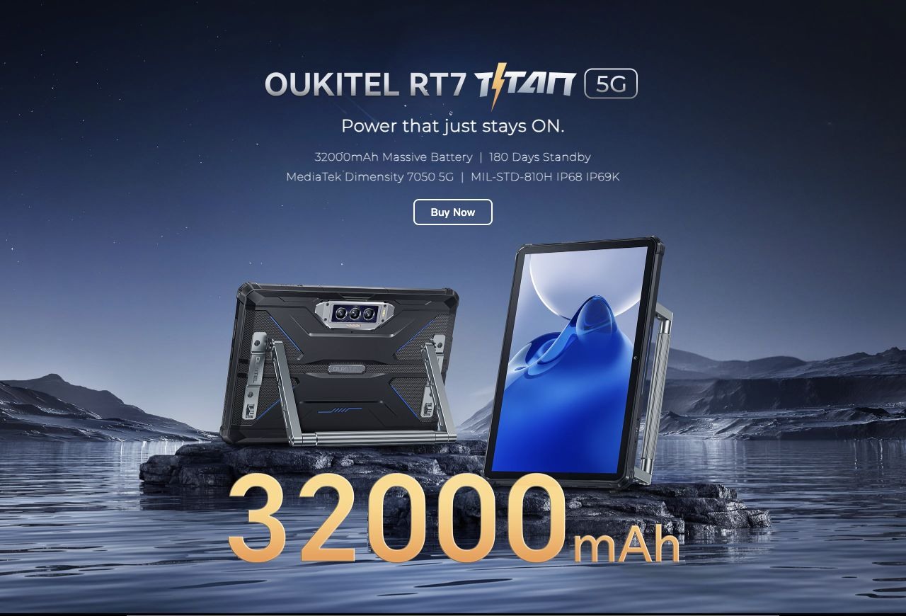 OUKITEL RT7 Rugged Tablets – Power that just stays ON. 32000mAh Massive Battery | 180 Days Standby MediaTek Dimensity 7050 5G | MIL-STD-810H IP68 IP69K Buy Now