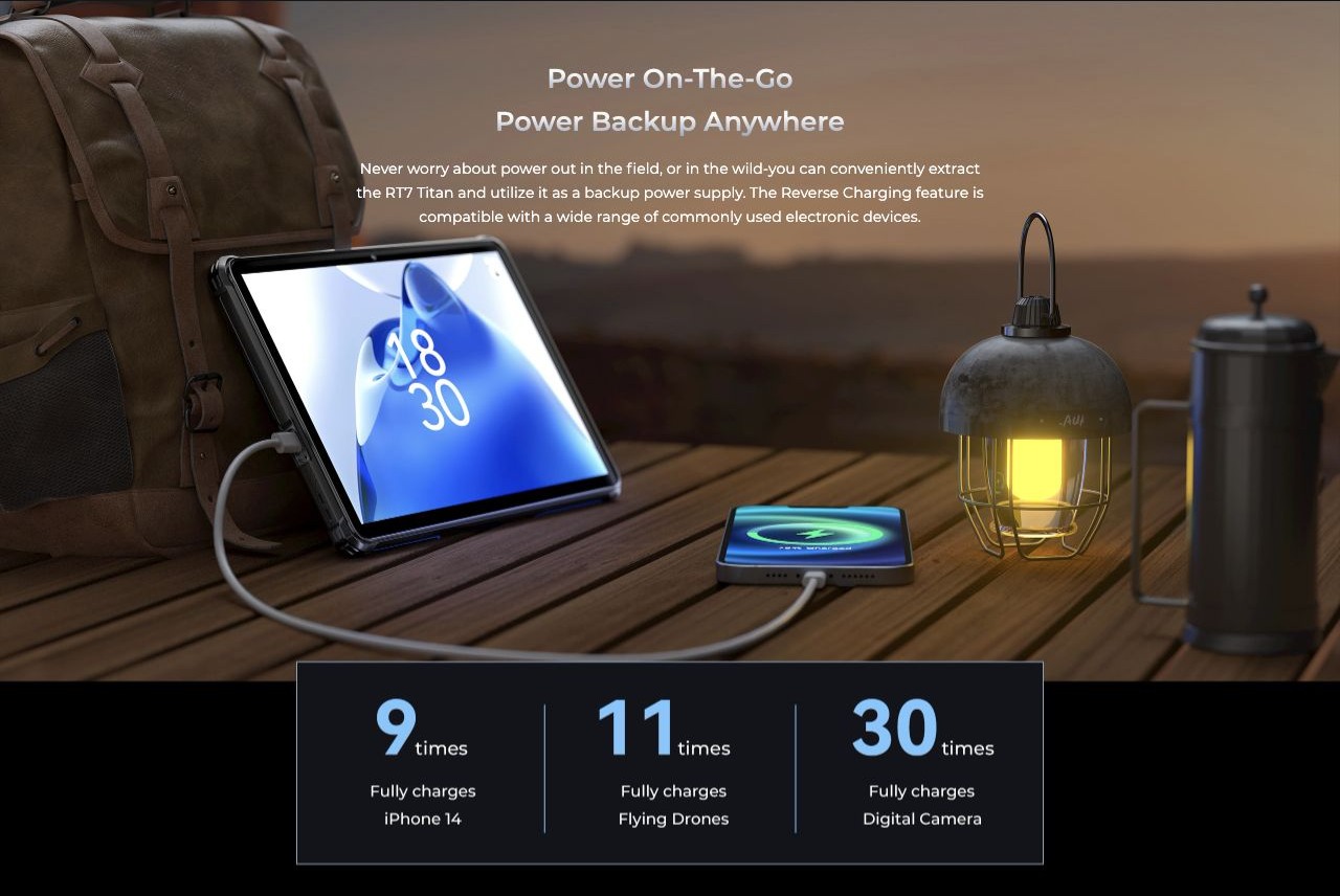 OUKITEL RT7 Rugged Tablets – Power On-The-Go Power Backup Anywhere Never worry about power out in the field, or in the wild-you can conveniently extract the RT7 Titan and utilize it as a backup power supply. The Reverse Charging feature is compatible with a w