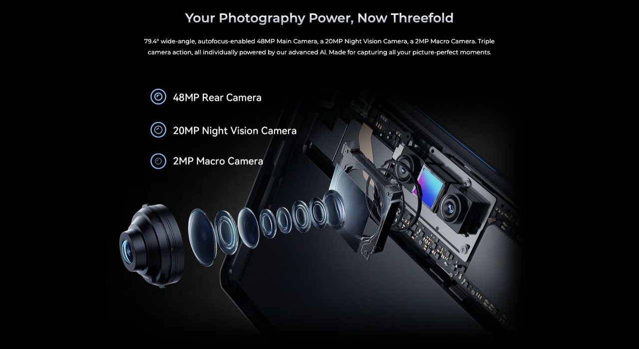 OUKITEL RT7 Rugged Tablets – Your Photography Power, Now Threefold 79.4° wide-angle, autofocus-enabled 48MP Main Camera, a 20MP Night Vision Camera, a 2MP Macro Camera. Triple camera action, all individually powered by our advanced Al. Made for capturing all