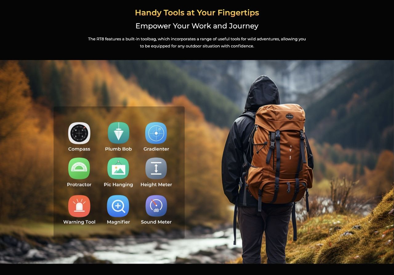 OUKITEL RT8 Rugged Tablets – Handy Tools at Your Fingertips Empower Your Work and Journey The RT8 features a built-in toolbag, which incorporates a range of useful tools for wild adventures, allowing you to be equipped for any outdoor situation with confiden
