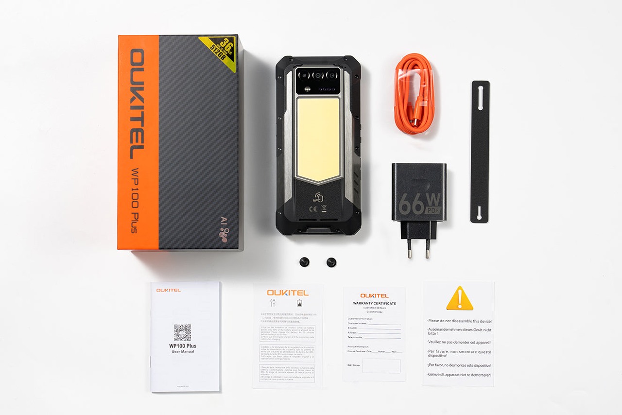 OUKITEL WP100 Plus Rugged Phones – OUKITEL WP100 Plus in the box: phone, adapter, cable, strap, manuals and warranty materials