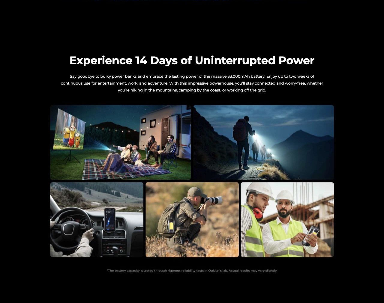 Experience 14 Days of Uninterrupted Power Say goodbye to bulky power banks and embrace the lasting power of the massive 33,000mAh battery. Enjoy up to two weeks of continuous use for entertainment, work, and adventure. With this impressive