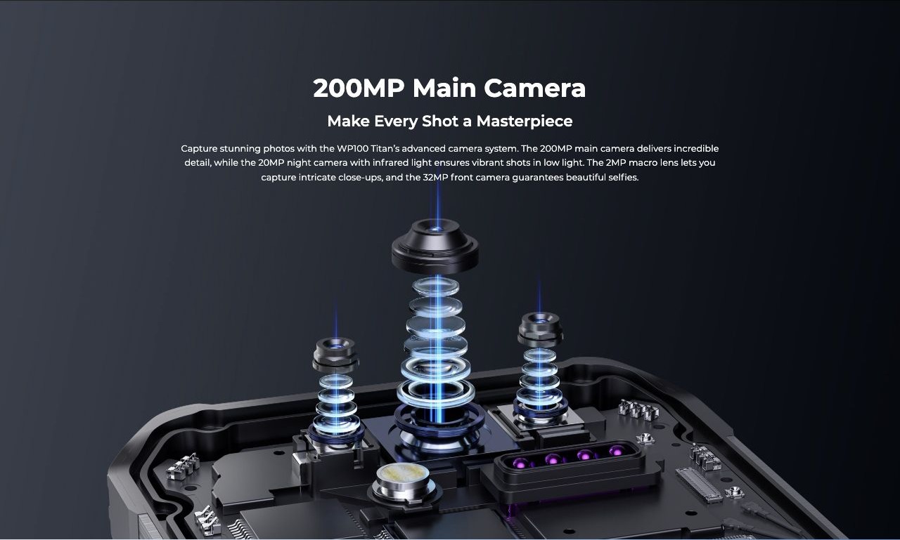 OUKITEL WP100 Titan Rugged Phones – 200MP Main Camera Make Every Shot a Masterpiece Capture stunning photos with the WP100 Titan’s advanced camera system. The 200MP main camera delivers incredible detail, while the 20MP night camera with infrared light ensur