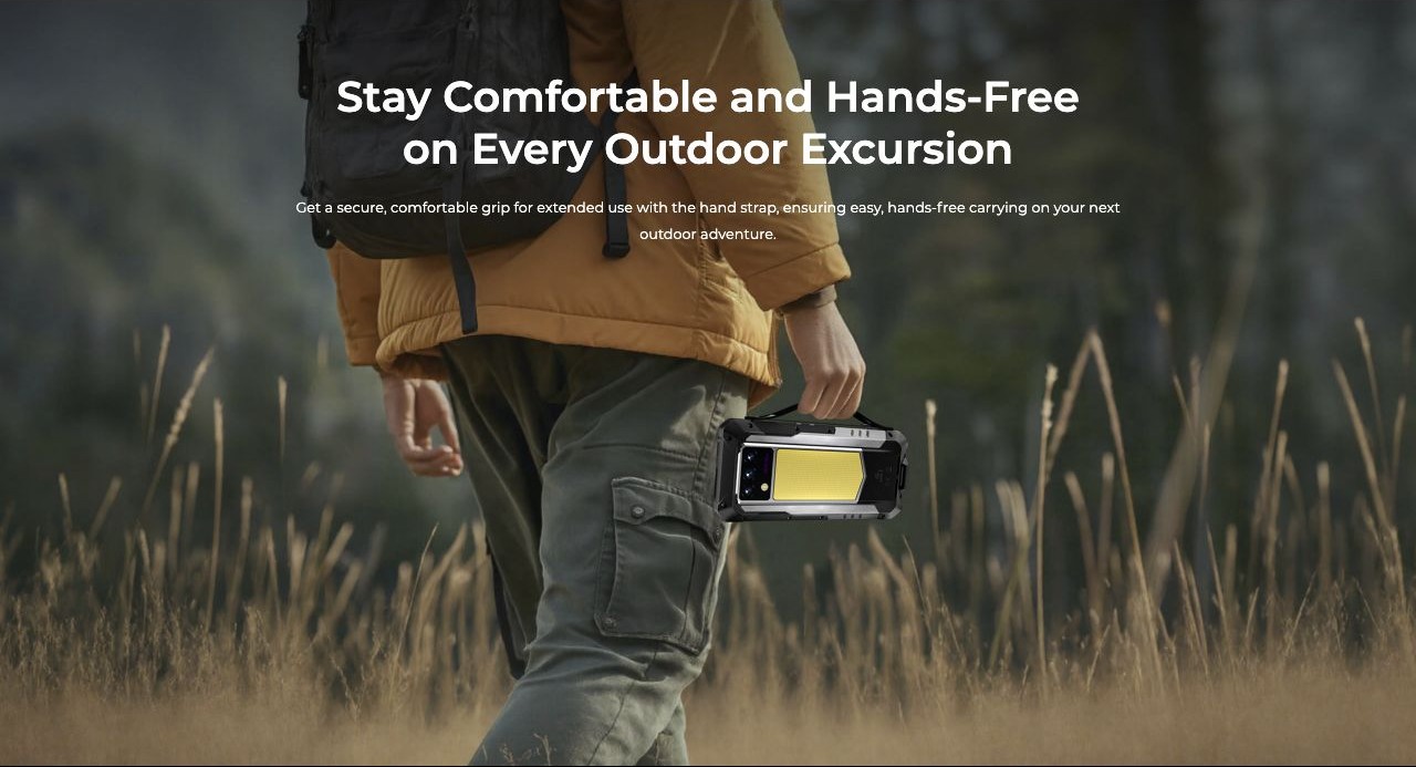 OUKITEL WP100 Titan Rugged Phones – Stay Comfortable and Hands-Free on Every Outdoor Excursion Get a secure, comfortable grip for extended use with the hand strap, ensuring easy, hands-free carrying on your next outdoor adventure.