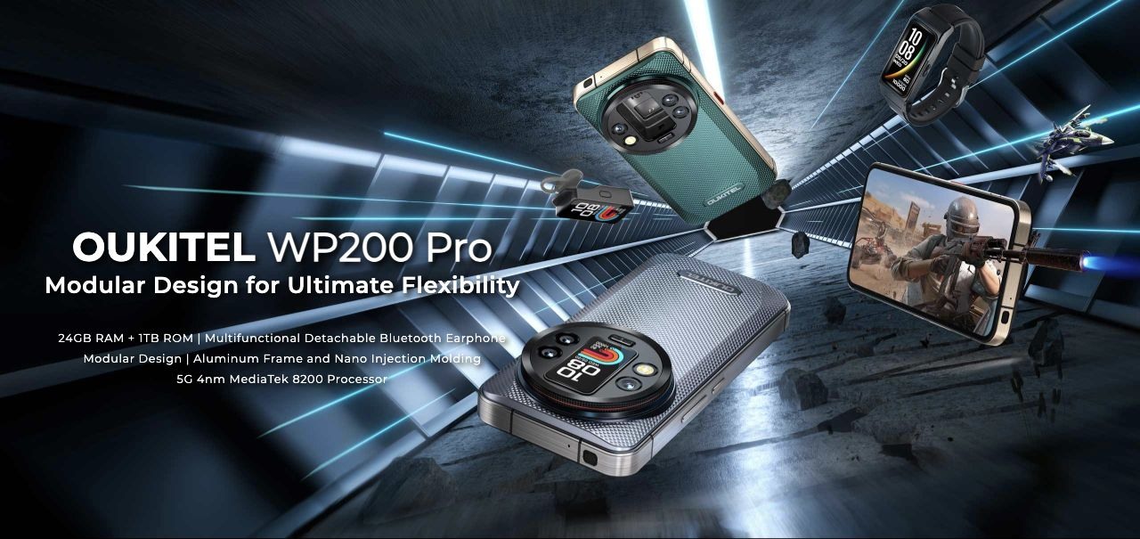 OUKITEL WP200 Pro Rugged Phones – OUKITEL WP200 Pro Modular Design for Ultimate Flexibility  24GB RAM + 1TB ROM | Multifunctional Detachable Bluetooth Earphone  Modular Design | Aluminum Frame and Nano Injection Molding  5G 4nm MediaTek 8200 Processor