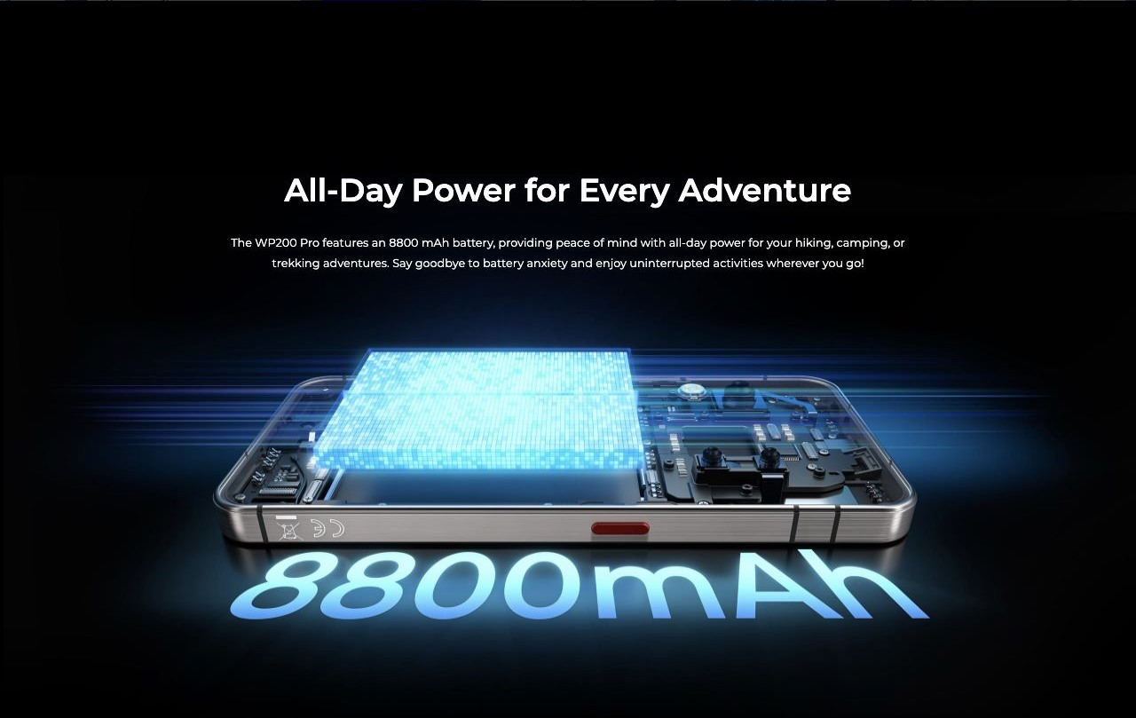 OUKITEL WP200 Pro Rugged Phones – All-Day Power for Every Adventure  The WP200 Pro features an 8800 mAh battery, providing peace of mind with all-day power for your hiking, camping, or trekking adventures. Say goodbye to battery anxiety and enjoy uninterrupted