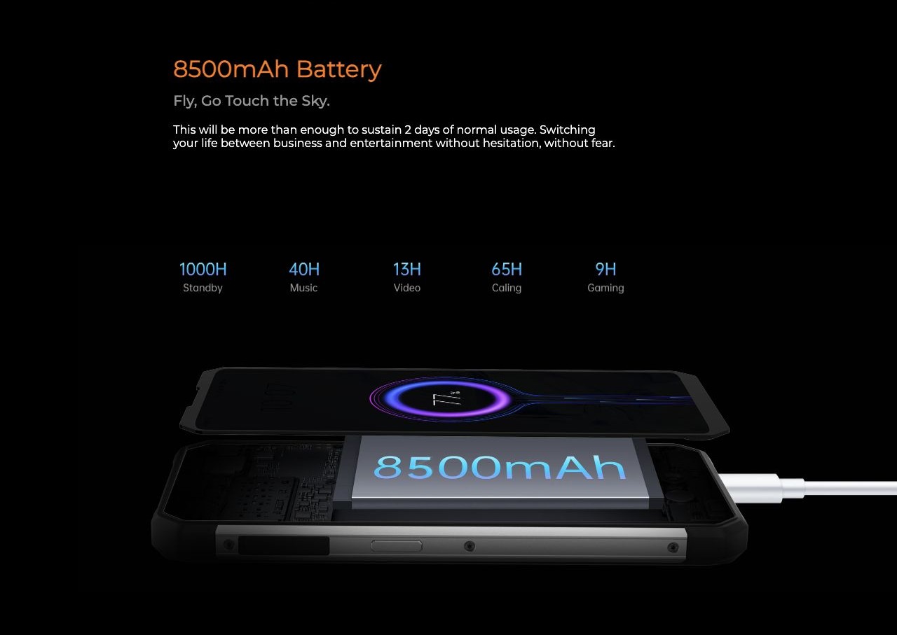 OUKITEL WP27 Rugged Phones – 8500mAh Battery Fly, Go Touch the Sky. This will be more than enough to sustain 2 days of normal usage. Switching your life between business and entertainment without hesitation, without fear.