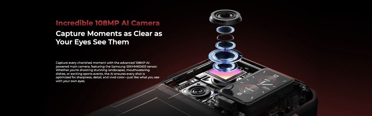 OUKITEL WP300 Rugged Phones – Incredible 108MP AI Camera  Capture Moments as Clear as Your Eyes See Them  Capture every cherished moment with the advanced 108MP AI-powered main camera, featuring the Samsung S5KHM6SX03 sensor. Whether you're shooting stunning l