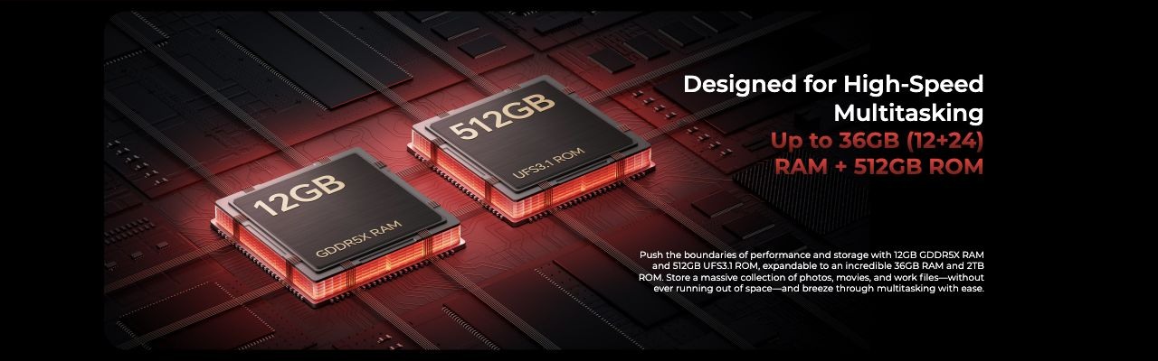 Designed for High-Speed Multitasking  Up to 36GB (12+24)  RAM + 512GB ROM  Push the boundaries of performance and storage with 12GB GDDR5X RAM and 512GB UFS3.1 ROM, expandable to an incredible 36GB RAM and 2TB ROM. Store a massive collectio
