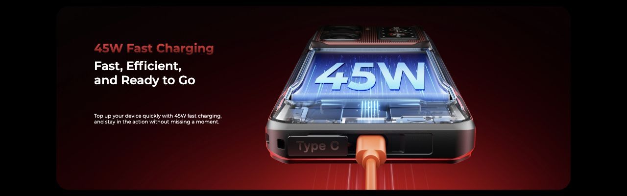 OUKITEL WP300 Rugged Phones – 45W Fast Charging  Fast, Efficient, and Ready to Go  Top up your device quickly with 45W fast charging, and stay in the action without missing a moment.
