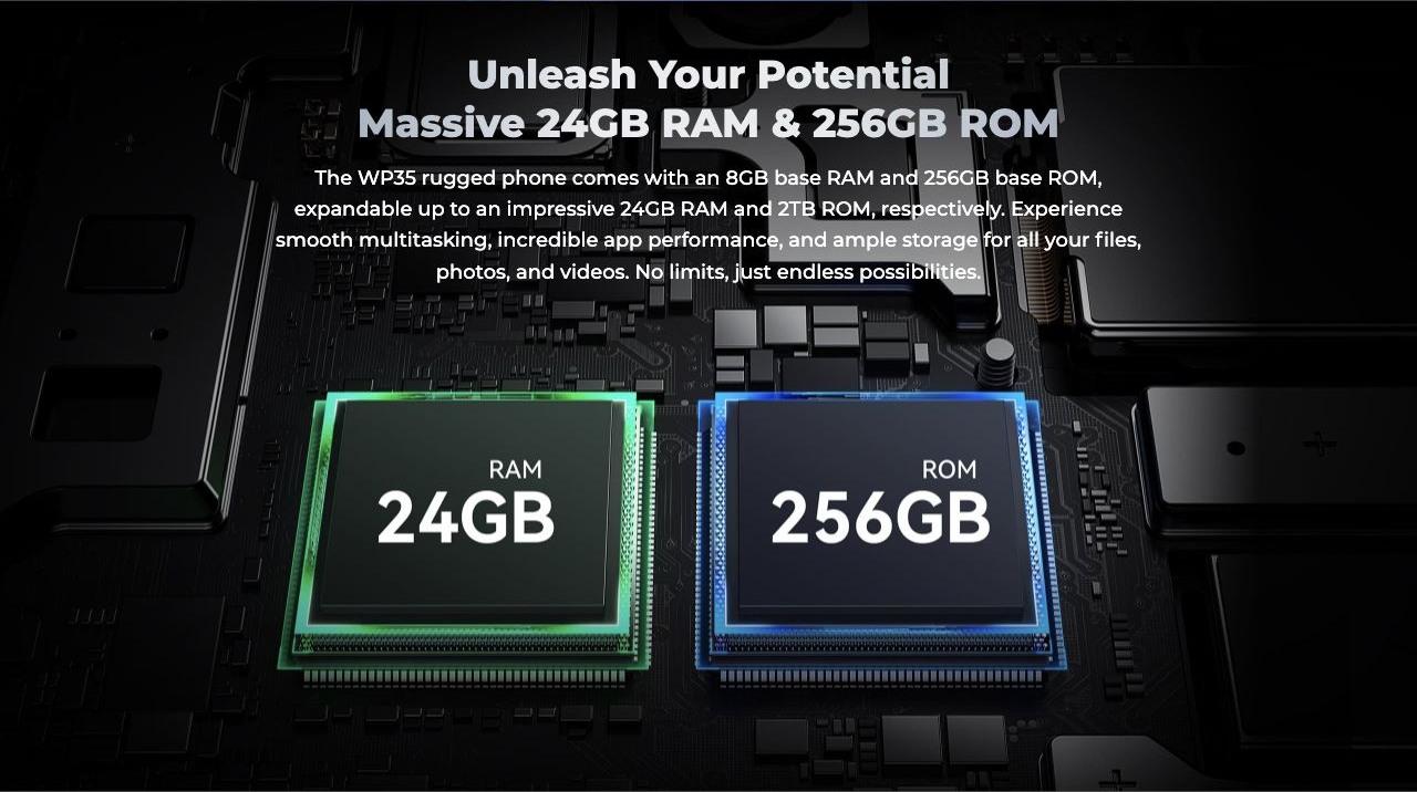 Unleash Your Potential Massive 24GB RAM & 256GB ROM The WP35 rugged phone comes with an 8GB base RAM and 256GB base ROM, expandable up to an impressive 24GB RAM and 2TB ROM, respectively. Experience smooth multitasking, incredible app perf