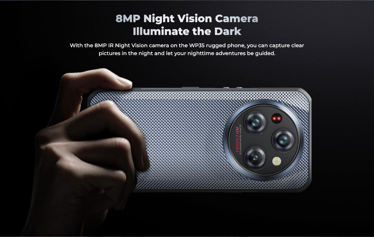 8MP Night Vision Camera Illuminate the Dark With the 8MP IR Night Vision camera on the WP35 rugged phone, you can capture clear pictures in the night and let your nighttime adventures be guided.