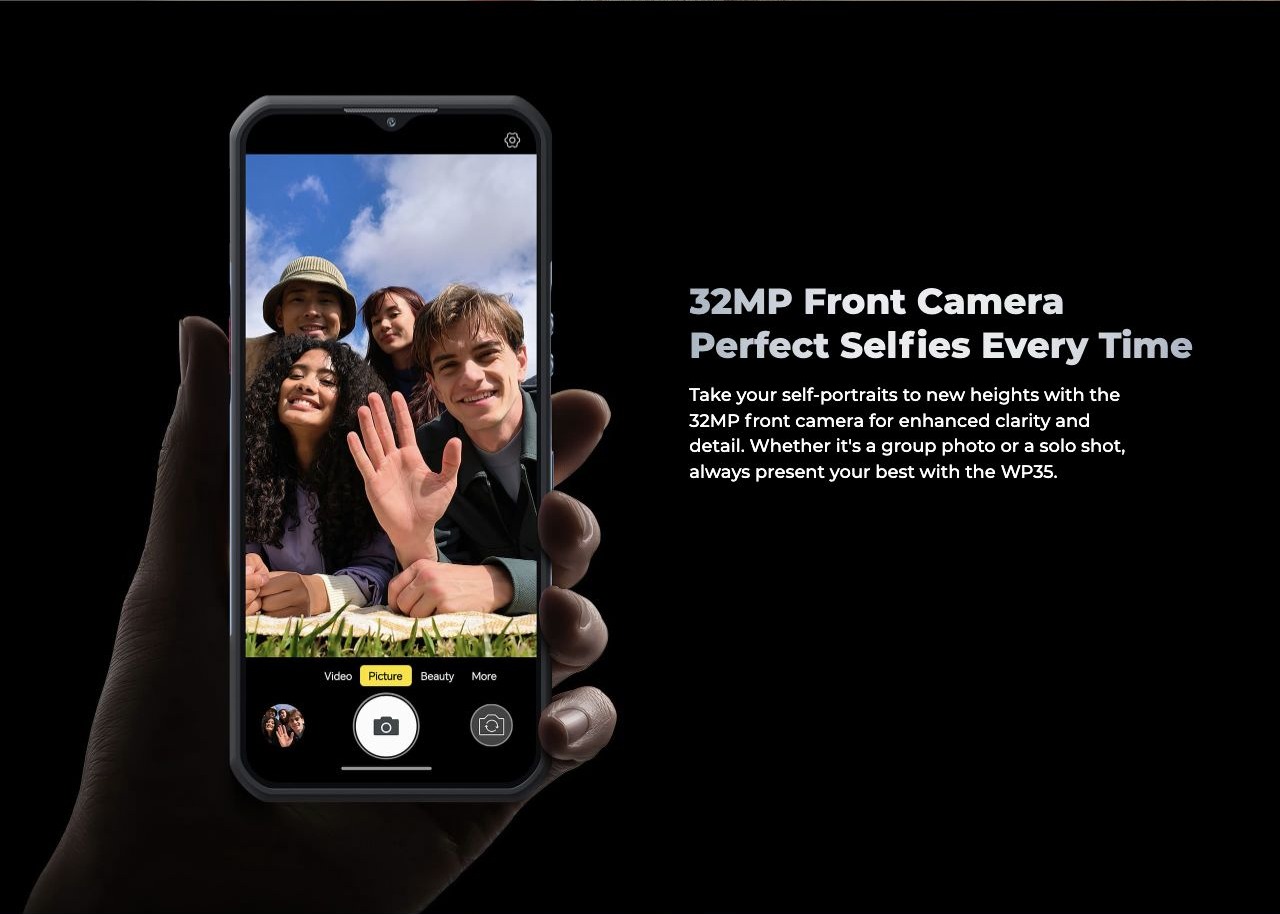 OUKITEL WP35 Rugged Phones – 32MP Front Camera Perfect Selfies Every Time Take your self-portraits to new heights with the 32MP front camera for enhanced clarity and detail. Whether it's a group photo or a solo shot, always present your best with the WP35.
