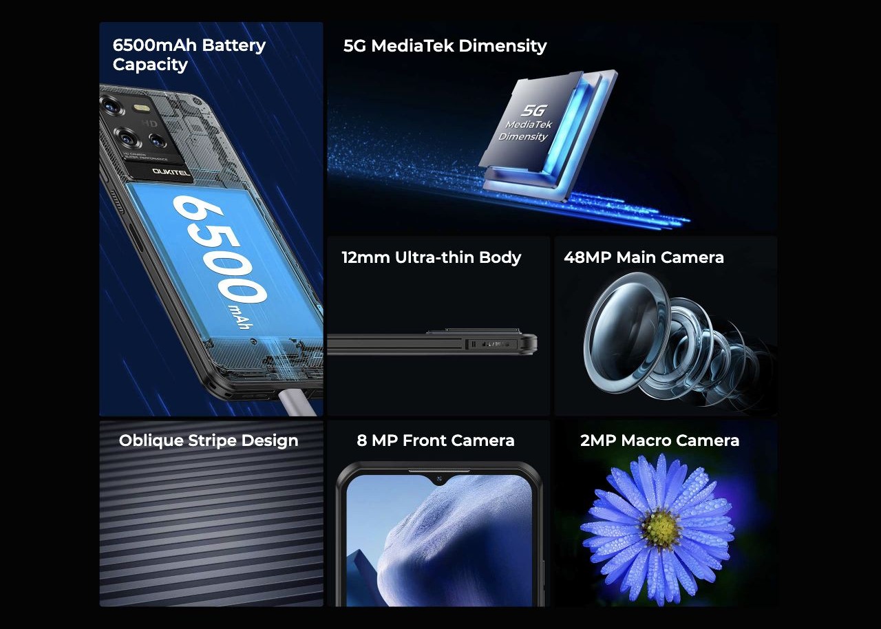 6500mAh Battery Capacity 5G MediaTek Dimensity 12mm Ultra-thin Body 48MP Main Camera Oblique Stripe Design 8 MP Front Camera 2MP Macro Camera