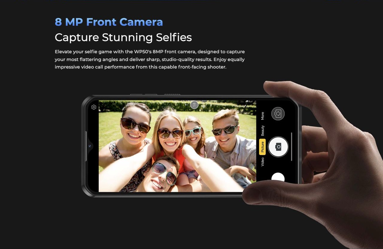 OUKITEL WP50 Rugged Phones – 8 MP Front Camera Capture Stunning Selfies Elevate your selfie game with the WP50's 8MP front camera, designed to capture your most flattering angles and deliver sharp, studio-quality results. Enjoy equally impressive video call