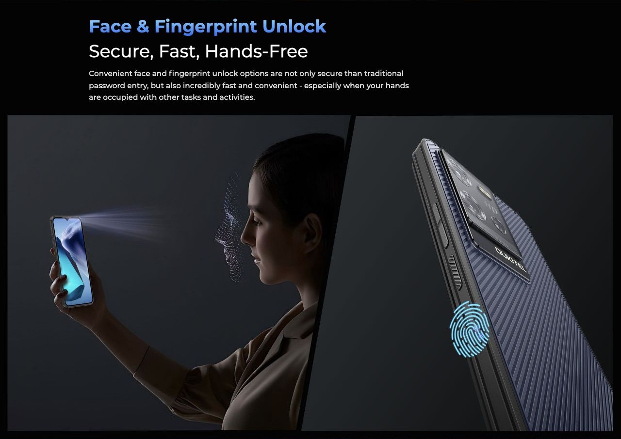 OUKITEL WP50 Rugged Phones – Face & Fingerprint Unlock Secure, Fast, Hands-Free Convenient face and fingerprint unlock options are not only secure than traditional password entry, but also incredibly fast and convenient - especially when your hands are occup