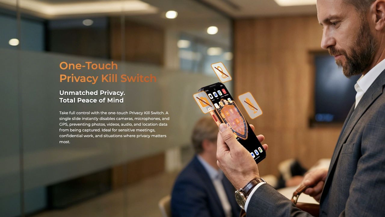 OUKITEL WP500 Rugged Phones – One-Touch Privacy Kill Switch Unmatched Privacy. Total Peace of Mind Take full control with the one-touch Privacy Kill Switch. A single slide instantly disables cameras, microphones, and GPS, preventing photos, videos, audio, an