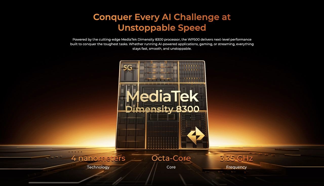 Conquer Every AI Challenge at Unstoppable Speed Powered by the cutting-edge MediaTek Dimensity 8300 processor, the WP500 delivers next-level performance built to conquer the toughest tasks. Whether running AI-powered applications, gaming,