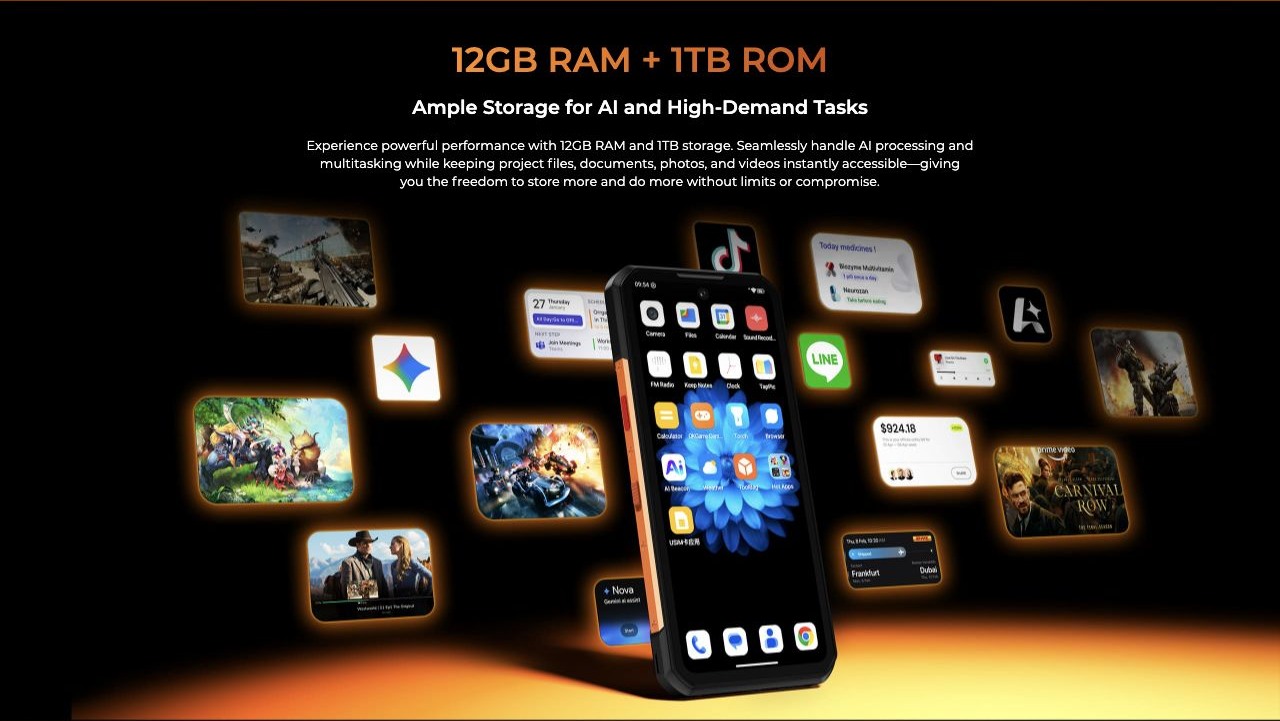 OUKITEL WP500 Rugged Phones – 12GB RAM + 1TB ROM Ample Storage for AI and High-Demand Tasks Experience powerful performance with 12GB RAM and 1TB storage. Seamlessly handle AI processing and multitasking while keeping project files, documents, photos, and vi