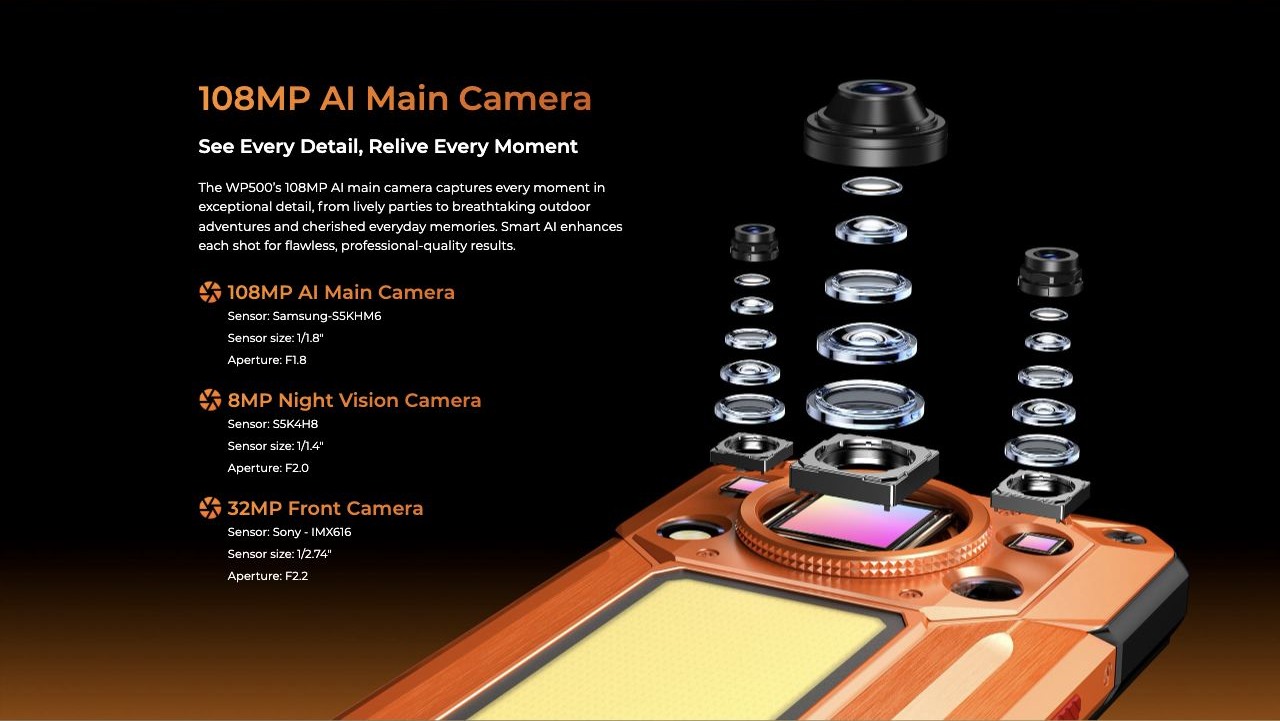OUKITEL WP500 Rugged Phones – 108MP AI Main Camera See Every Detail, Relive Every Moment The WP500’s 108MP AI main camera captures every moment in exceptional detail, from lively parties to breathtaking outdoor adventures and cherished everyday memories. Sma