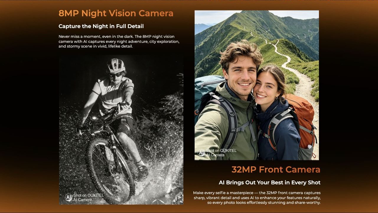 OUKITEL WP500 Rugged Phones – 8MP Night Vision Camera Capture the Night in Full Detail Never miss a moment, even in the dark. The 8MP night vision camera with AI captures every night adventure, city exploration, and stormy scene in vivid, lifelike detail. 3