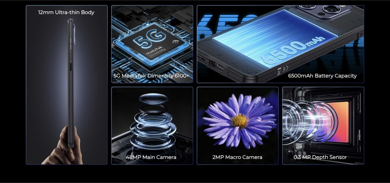 12mm Ultra-thin Body 5G MediaTek Dimensity 6100+ 6500mAh Battery Capacity 48MP Main Camera 2MP Macro Camera 0.3 MP Depth Sensor