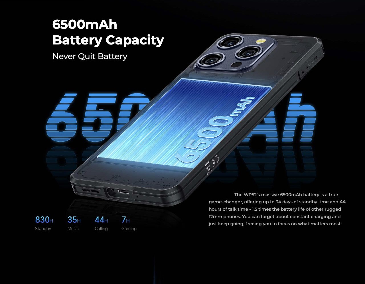OUKITEL WP52 Rugged Phones – 6500mAh Battery Capacity Never Quit Battery The WP52's massive 6500mAh battery is a true game-changer, offering up to 34 days of standby time and 44 hours of talk time - 1.5 times the battery life of other rugged 12mm phones. You