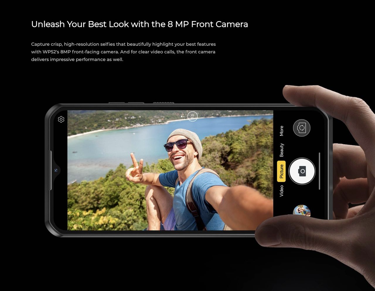 OUKITEL WP52 Rugged Phones – Unleash Your Best Look with the 8 MP Front Camera Capture crisp, high-resolution selfies that beautifully highlight your best features with WP52's 8MP front-facing camera. And for clear video calls, the front camera delivers impre