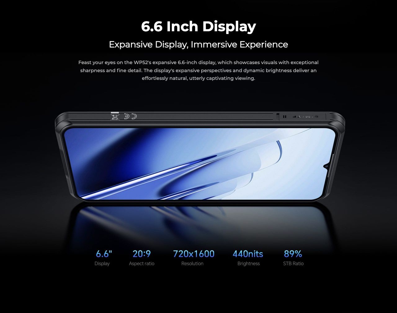 OUKITEL WP52 Rugged Phones – 6.6 Inch Display Expansive Display, Immersive Experience Feast your eyes on the WP52's expansive 6.6-inch display, which showcases visuals with exceptional sharpness and fine detail. The display's expansive perspectives and dynam