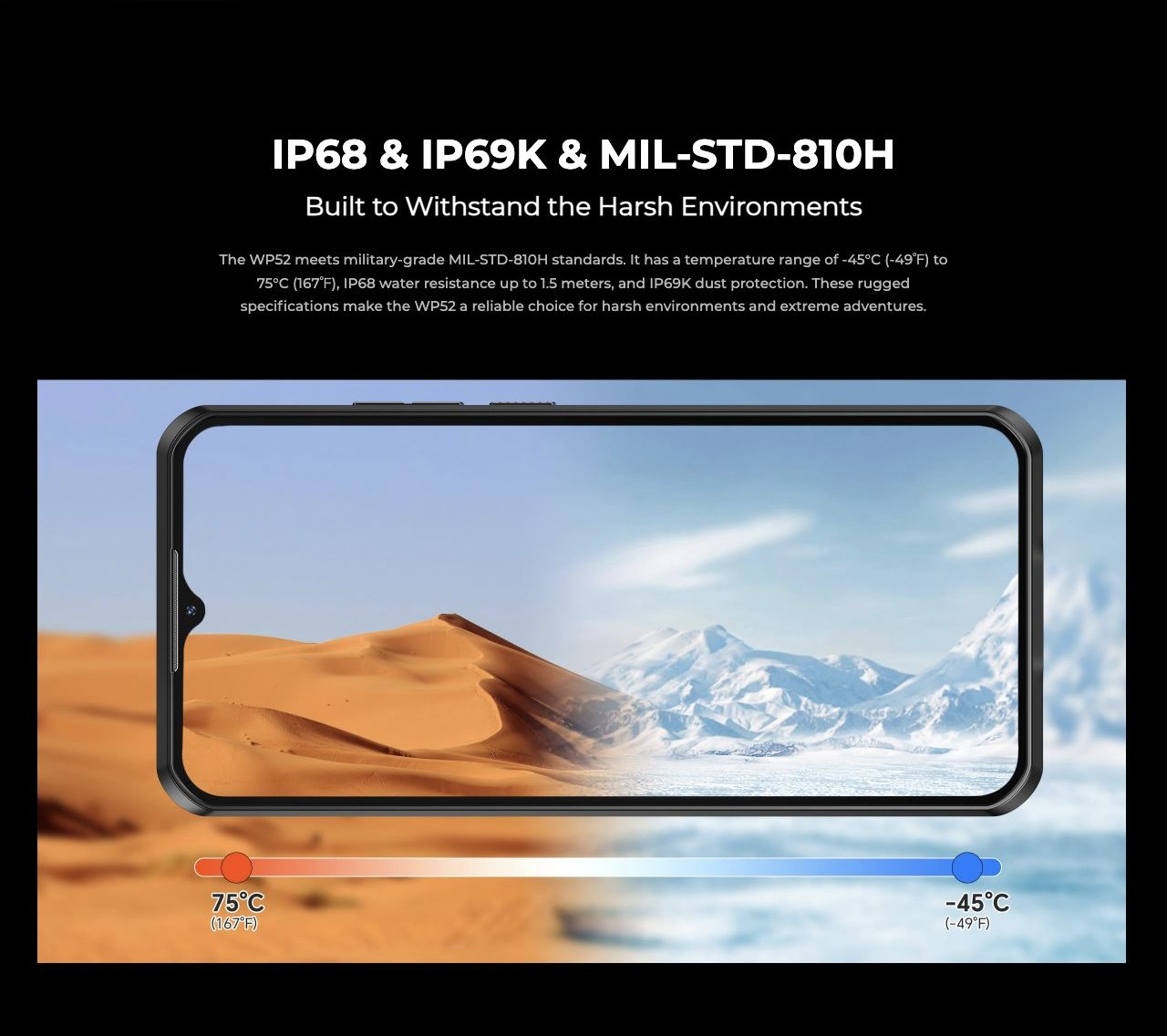 OUKITEL WP52 Rugged Phones – IP68 & IP69K & MIL-STD-810H Built to Withstand the Harsh Environments The WP52 meets military-grade MIL-STD-810H standards. It has a temperature range of -45°C (-49℉) to 75°C (167℉), IP68 water resistance up to 1.5 meters, and IP