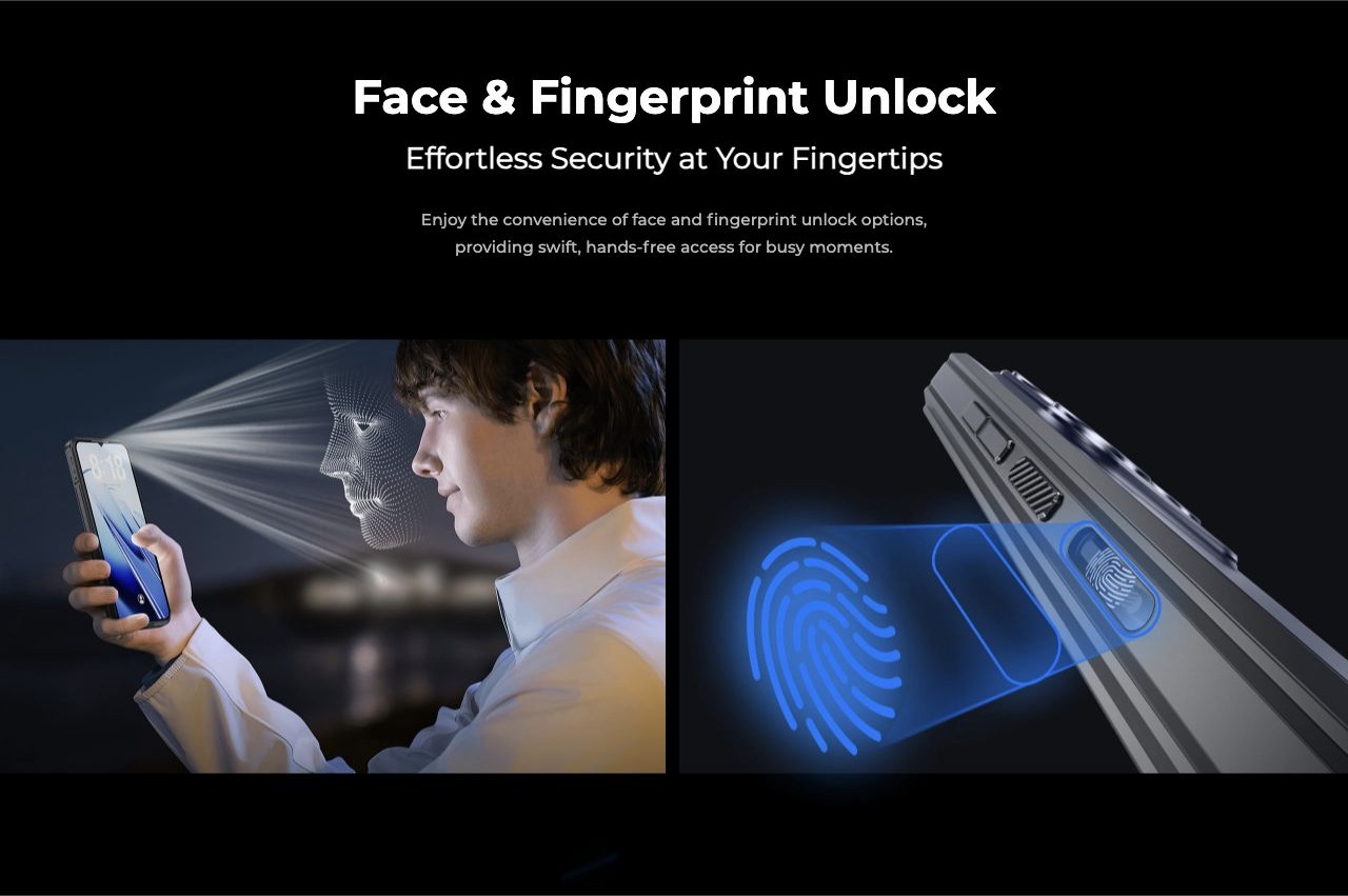 OUKITEL WP52 Rugged Phones – Face & Fingerprint Unlock Effortless Security at Your Fingertips Enjoy the convenience of face and fingerprint unlock options, providing swift, hands-free access for busy moments.