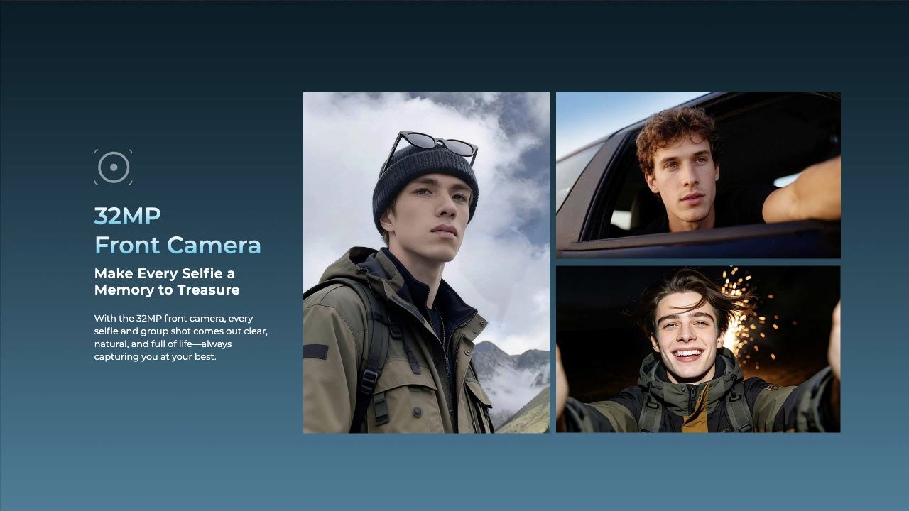 32MP Front Camera Make Every Selfie a Memory to Treasure With the 32MP front camera, every selfie and group shot comes out clear, natural, and full of life—always capturing you at your best.