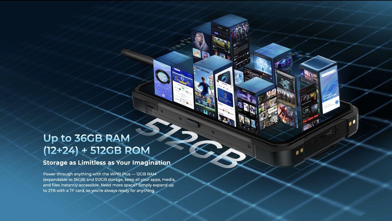 OUKITEL WP61 Plus Rugged Phones – Up to 36GB RAM (12+24) + 512GB ROM Storage as Limitless as Your Imagination Power through anything with the WP61 Plus — 12GB RAM (expandable to 36GB) and 512GB storage, keep all your apps, media, and files instantly accessib