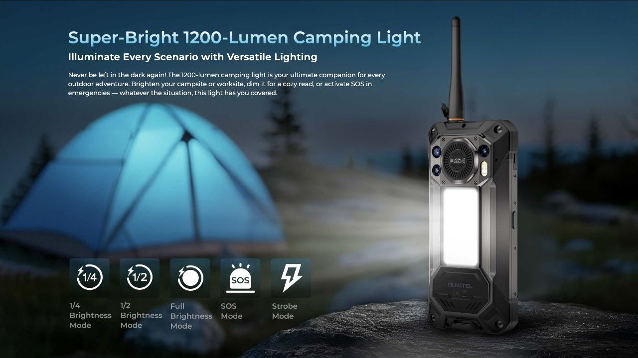 OUKITEL WP61 Plus Rugged Phones – Super-Bright 1200-Lumen Camping Light Illuminate Every Scenario with Versatile Lighting Never be left in the dark again! The 1200-lumen camping light is your ultimate companion for every outdoor adventure. Brighten your camp