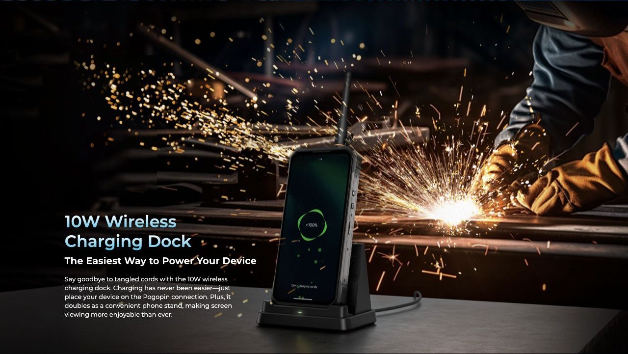 OUKITEL WP61 Plus Rugged Phones – 10W Wireless Charging Dock The Easiest Way to Power Your Device Say goodbye to tangled cords with the 10W wireless charging dock. Charging has never been easier—just place your device on the Pogopin connection. Plus, it doub
