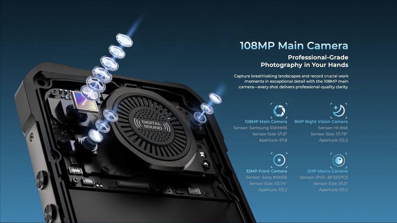 108MP Main Camera Professional-Grade Photography in Your Hands Capture breathtaking landscapes and record crucial work moments in exceptional detail with the 108MP main camera—every shot delivers professional-quality clarity.