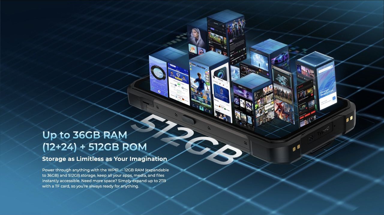 OUKITEL WP61 Rugged Phones – Up to 36GB RAM (12+24) + 512GB ROM Storage as Limitless as Your Imagination Power through anything with the WP61 — 12GB RAM (expandable to 36GB) and 512GB storage, keep all your apps, media, and files instantly accessible. Need m