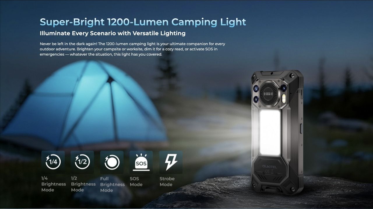 OUKITEL WP61 Rugged Phones – Super-Bright 1200-Lumen Camping Light Illuminate Every Scenario with Versatile Lighting Never be left in the dark again! The 1200-lumen camping light is your ultimate companion for every outdoor adventure. Brighten your campsite